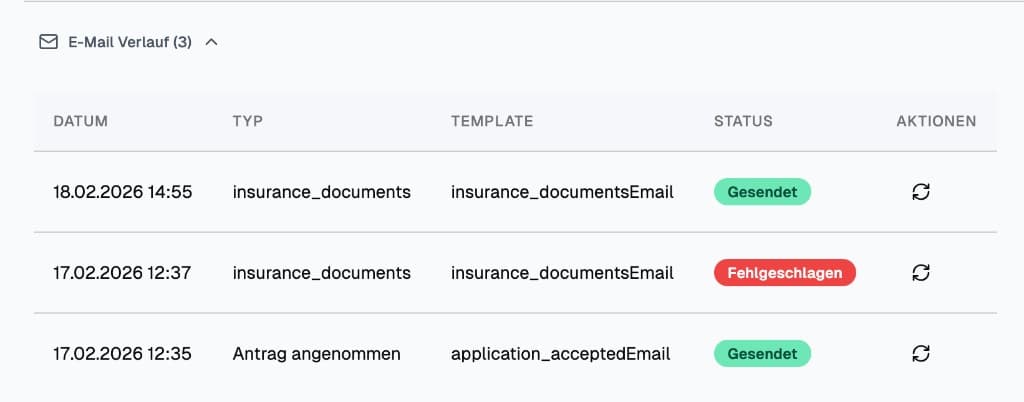 E-Mail Verlauf im Admin-Backend