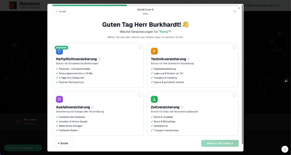 Versicherungsrechner Schritt 2 Produktauswahl