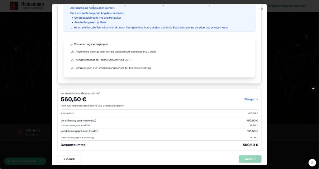 Versicherungsrechner Preisdetails